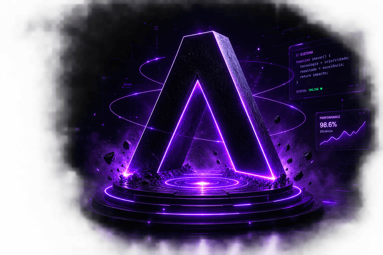 Ápice One — símbolo A sobre uma plataforma tecnológica iluminada em roxo